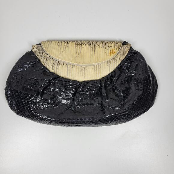 Vintage Snakeskin Clutch Purse Womens Cream Black Snap Closure Crossbody Strap - Picture 5 of 10